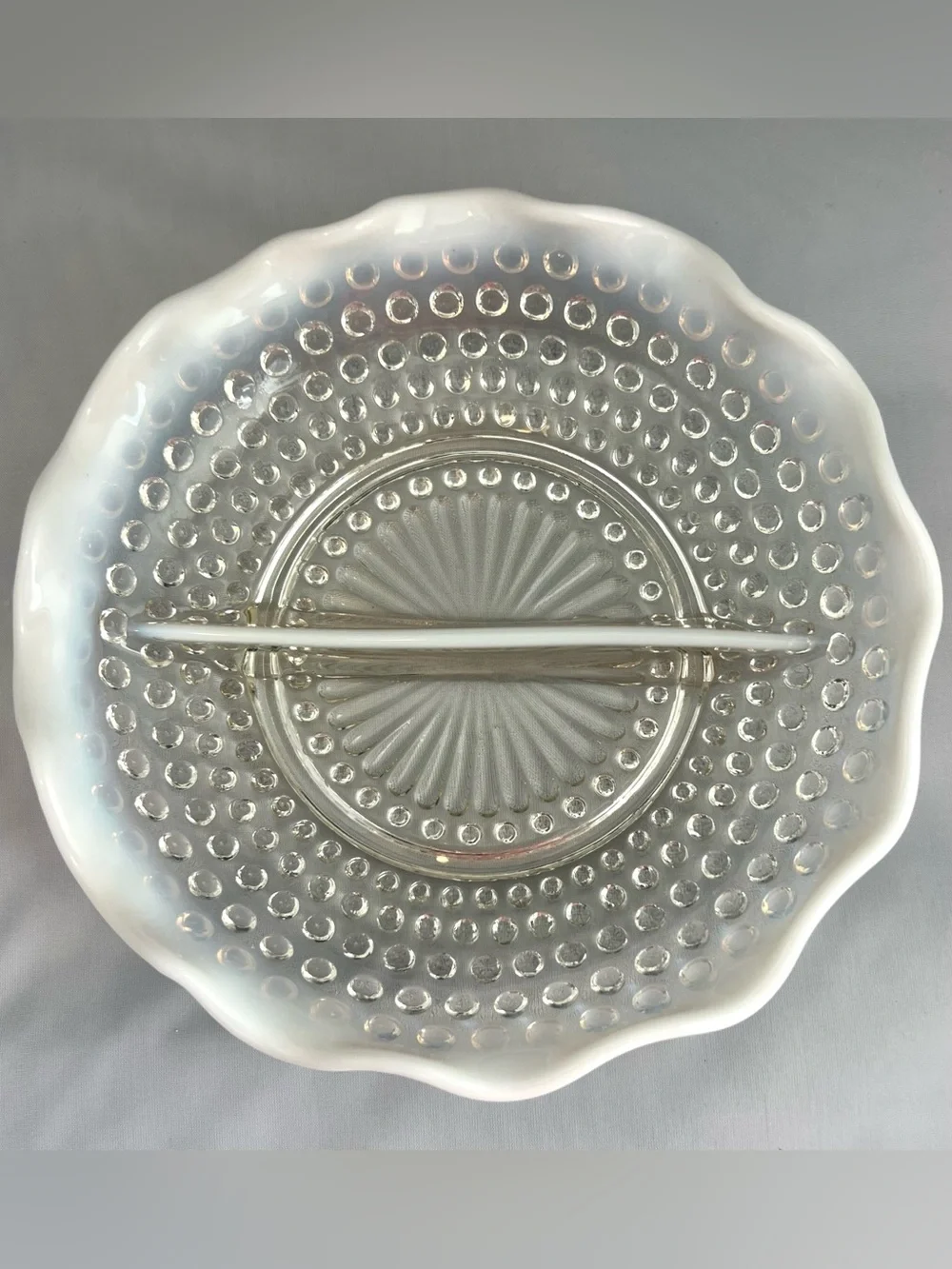 Vintage Anchor Hocking Moonstone Opalescent Hobnail Divided Dish Ruffled Edge